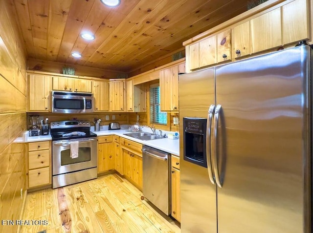2205 Meredith Way, Sevierville, TN 37876 - kitchen featuring appliances with stainless steel finishes, light brown cabinetry, light countertops, recessed lighting, and wooden ceiling