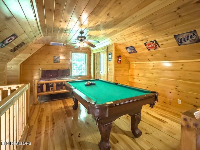 2205 Meredith Way, Sevierville, TN 37876 - rec room with lofted ceiling, hardwood / wood-style floors, wood walls, wooden ceiling, and billiards table