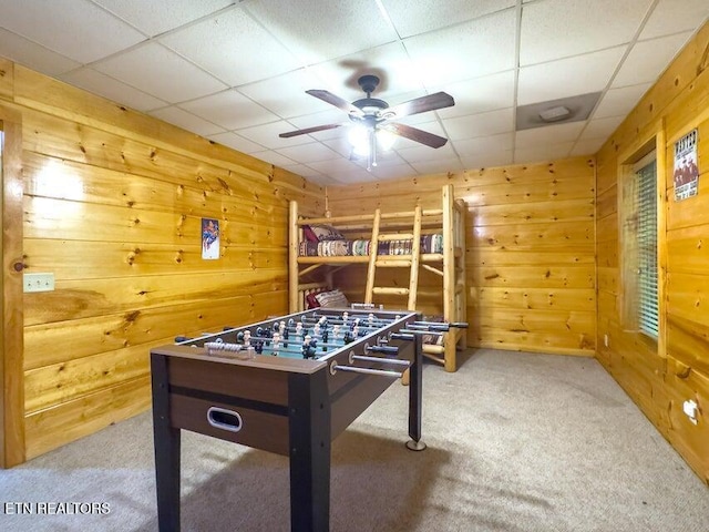 2205 Meredith Way, Sevierville, TN 37876 - rec room with carpet, wood walls, a ceiling fan, and a drop ceiling