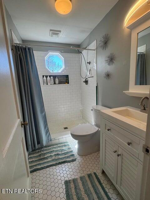3207 Dove Ln, White Pine, TN 37890 - full bathroom with vanity, a tile shower, and tile patterned floors