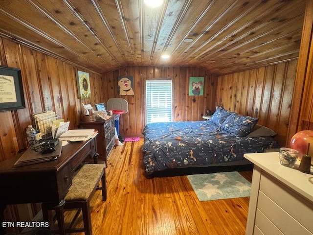 3207 Dove Ln, White Pine, TN 37890 - bedroom with vaulted ceiling, wood walls, hardwood / wood-style flooring, and wooden ceiling