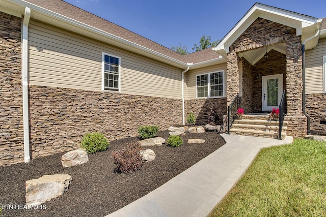 129 Dudi Trl, Vonore, TN 37885 - entrance to property with stone siding and a shingled roof