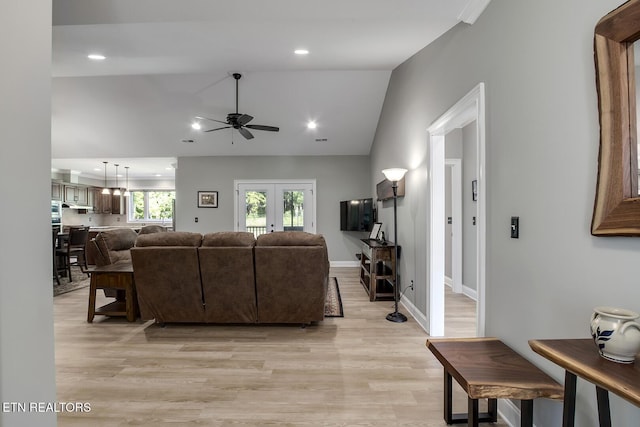 129 Dudi Trl, Vonore, TN 37885 - living room featuring lofted ceiling, a ceiling fan, light wood-style flooring, french doors, and recessed lighting