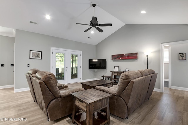 129 Dudi Trl, Vonore, TN 37885 - living area featuring vaulted ceiling, light wood finished floors, ceiling fan, french doors, and recessed lighting