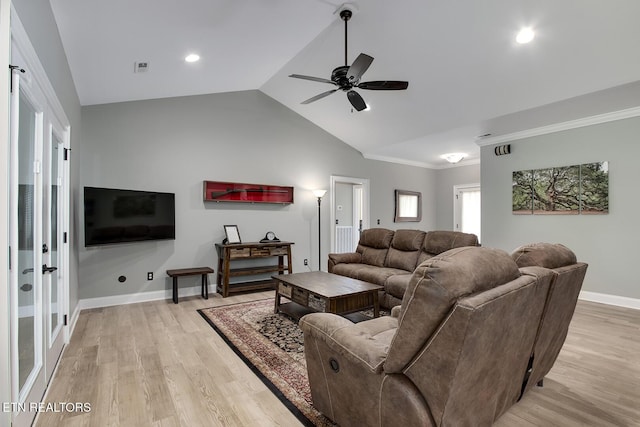 129 Dudi Trl, Vonore, TN 37885 - living room with vaulted ceiling, light wood finished floors, a ceiling fan, crown molding, and recessed lighting