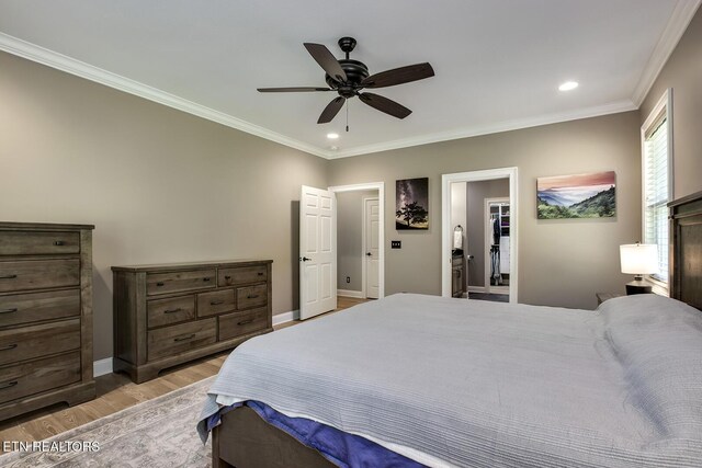129 Dudi Trl, Vonore, TN 37885 - bedroom with light wood-style floors, ornamental molding, recessed lighting, a walk in closet, and ceiling fan
