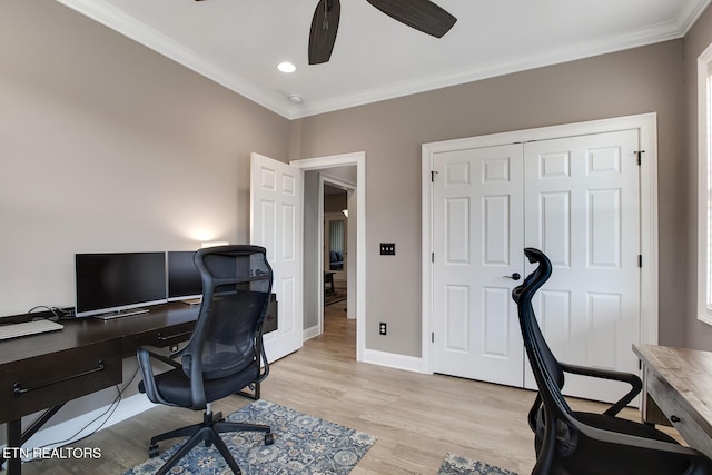 129 Dudi Trl, Vonore, TN 37885 - office featuring crown molding, light wood-style flooring, ceiling fan, and recessed lighting