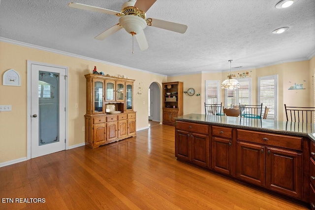 674 Southview Cir, Kodak, TN 37764 - kitchen featuring a textured ceiling, wood finished floors, arched walkways, plenty of natural light, and a ceiling fan