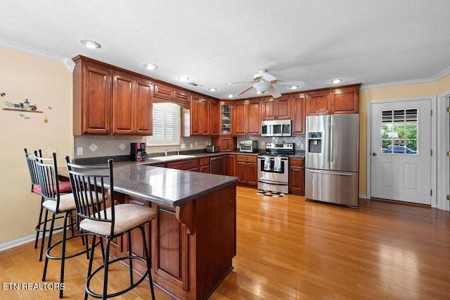 674 Southview Cir, Kodak, TN 37764 - kitchen featuring appliances with stainless steel finishes, dark countertops, a peninsula, crown molding, and ceiling fan