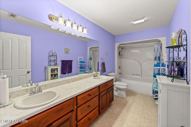 674 Southview Cir, Kodak, TN 37764 - full bathroom featuring double vanity, tile patterned flooring, shower / bath combination with curtain, and a textured ceiling