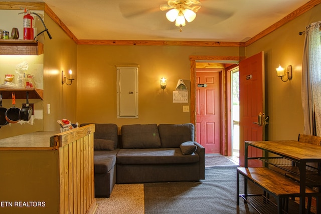 3636 Pickett Park Hwy, Jamestown, TN 38556 - carpeted living room featuring electric panel, a ceiling fan, and crown molding