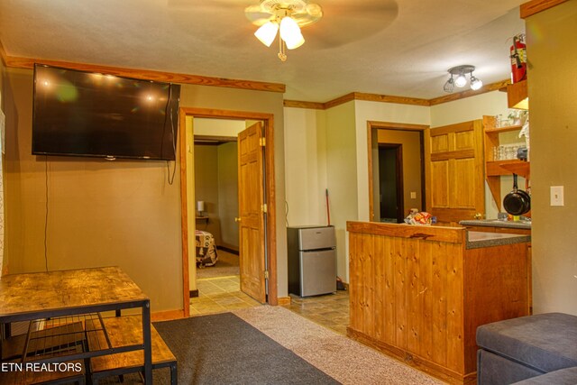 3636 Pickett Park Hwy, Jamestown, TN 38556 - kitchen with freestanding refrigerator, ceiling fan, and light colored carpet