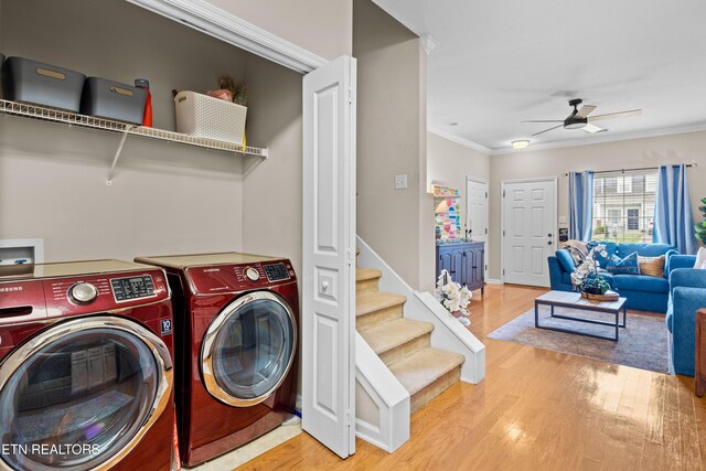 10867 Carpenter Run Ln Unit 44, Knoxville, TN 37932 - washroom featuring independent washer and dryer, wood finished floors, ceiling fan, and ornamental molding