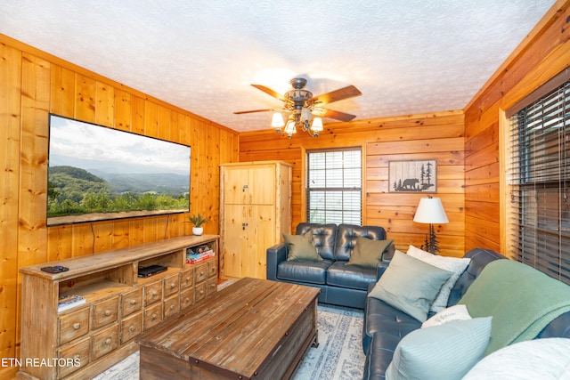 1507 Boo Boos Way, Sevierville, TN 37862 - living area featuring wooden walls, ceiling fan, and a textured ceiling