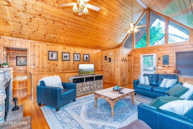 1507 Boo Boos Way, Sevierville, TN 37862 - living area featuring ceiling fan, wooden walls, wood ceiling, wood-type flooring, and high vaulted ceiling