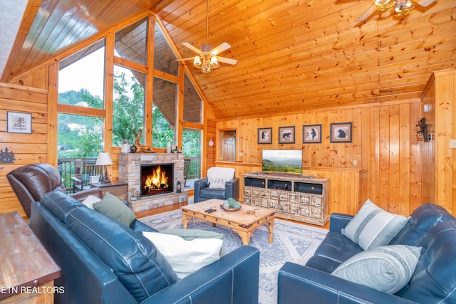 1507 Boo Boos Way, Sevierville, TN 37862 - living room with ceiling fan, wooden walls, a fireplace, wood ceiling, and wood finished floors