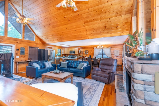 1507 Boo Boos Way, Sevierville, TN 37862 - living area with ceiling fan, light wood-style flooring, wooden walls, wood ceiling, and high vaulted ceiling