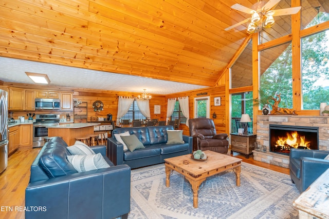 1507 Boo Boos Way, Sevierville, TN 37862 - living area with light wood-style flooring, wood walls, a ceiling fan, a fireplace, and high vaulted ceiling