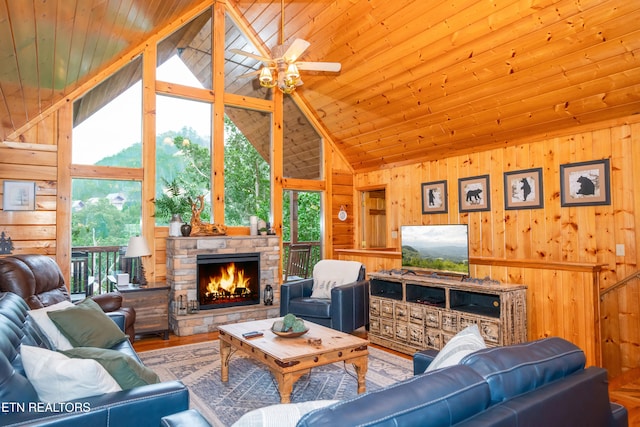 1507 Boo Boos Way, Sevierville, TN 37862 - living area featuring wooden walls, ceiling fan, a fireplace, wood finished floors, and wooden ceiling