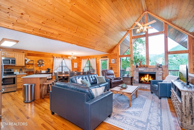 1507 Boo Boos Way, Sevierville, TN 37862 - living area featuring a fireplace, light wood-style floors, ceiling fan, wooden ceiling, and a chandelier