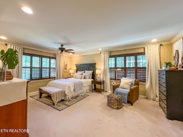 12218 Torrey Pines Pt, Knoxville, TN 37934 - bedroom featuring crown molding, recessed lighting, light carpet, and ceiling fan