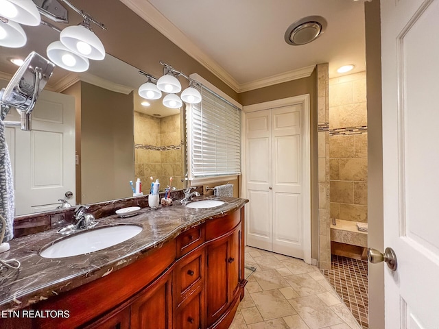 12218 Torrey Pines Pt, Knoxville, TN 37934 - bathroom featuring tiled shower, double vanity, and crown molding