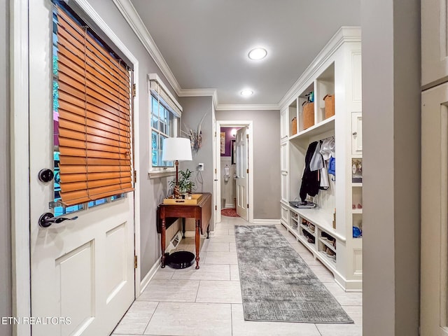 12218 Torrey Pines Pt, Knoxville, TN 37934 - mudroom featuring crown molding, recessed lighting, and light tile patterned floors