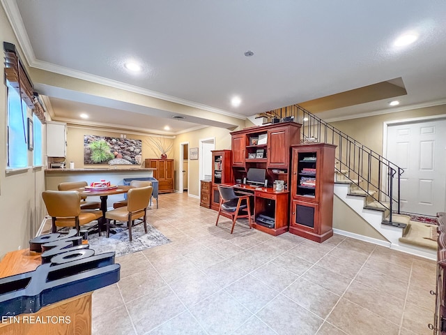 12218 Torrey Pines Pt, Knoxville, TN 37934 - dining area featuring ornamental molding, stairway, light tile patterned floors, and recessed lighting