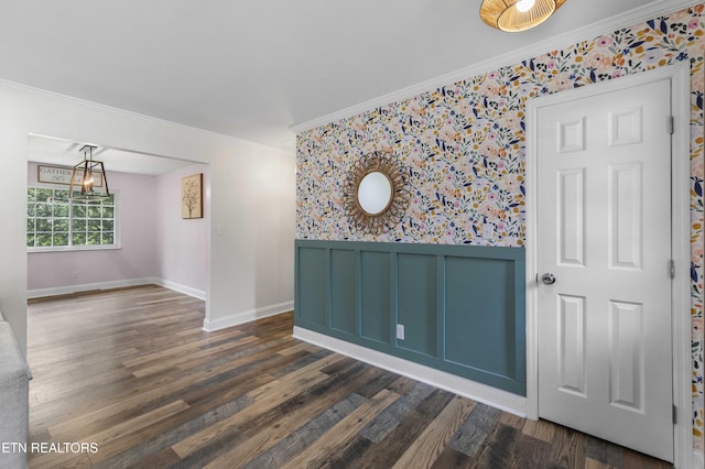 101 Concord Rd, Oak Ridge, TN 37830 - unfurnished room with ornamental molding, dark wood finished floors, a wainscoted wall, and wallpapered walls