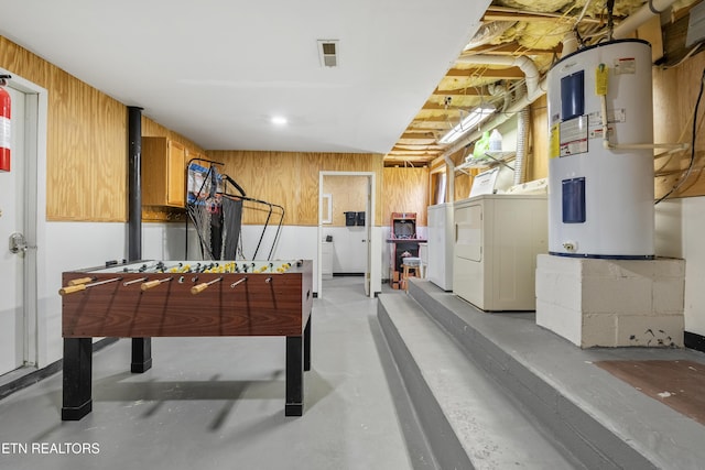 814 Plantation Dr, Pigeon Forge, TN 37863 - recreation room featuring washer and clothes dryer, water heater, concrete floors, and wooden walls
