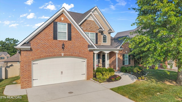 1213 Whisper Trace Ln, Knoxville, TN 37919 - traditional-style home with brick siding, driveway, a garage, a front yard, and roof with shingles