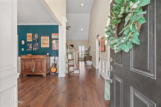 1213 Whisper Trace Ln, Knoxville, TN 37919 - foyer featuring stairway, dark wood-style flooring, crown molding, and wainscoting