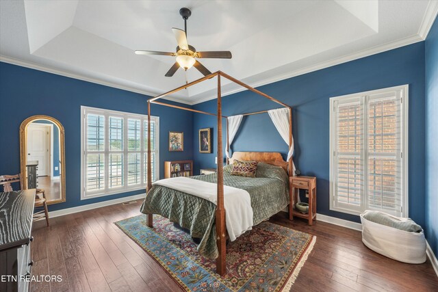 1213 Whisper Trace Ln, Knoxville, TN 37919 - bedroom featuring wood-type flooring, a tray ceiling, crown molding, and a ceiling fan