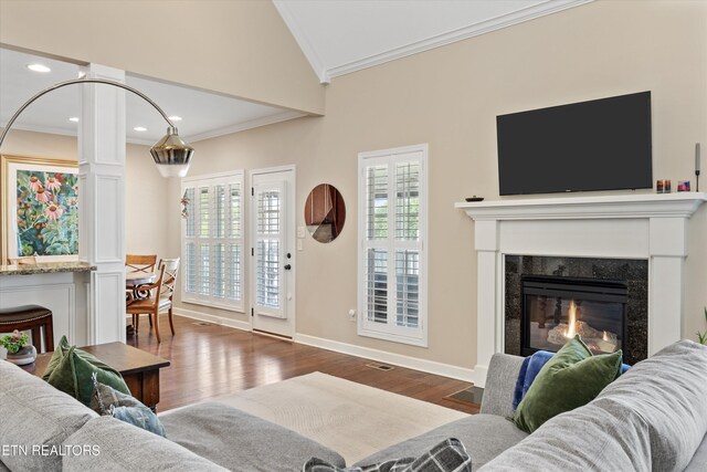 1213 Whisper Trace Ln, Knoxville, TN 37919 - living area with crown molding, lofted ceiling, wood finished floors, a high end fireplace, and recessed lighting