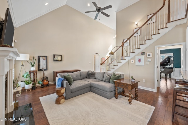 1213 Whisper Trace Ln, Knoxville, TN 37919 - living area with stairs, a ceiling fan, high vaulted ceiling, hardwood / wood-style floors, and recessed lighting