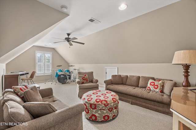 1213 Whisper Trace Ln, Knoxville, TN 37919 - carpeted living room with vaulted ceiling, ceiling fan, and recessed lighting
