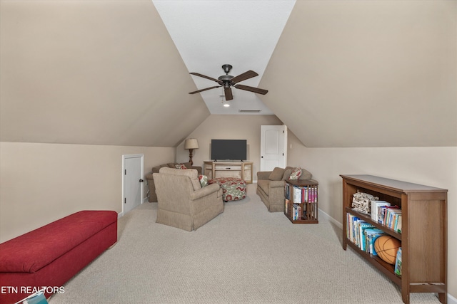 1213 Whisper Trace Ln, Knoxville, TN 37919 - living area featuring carpet, vaulted ceiling, and a ceiling fan