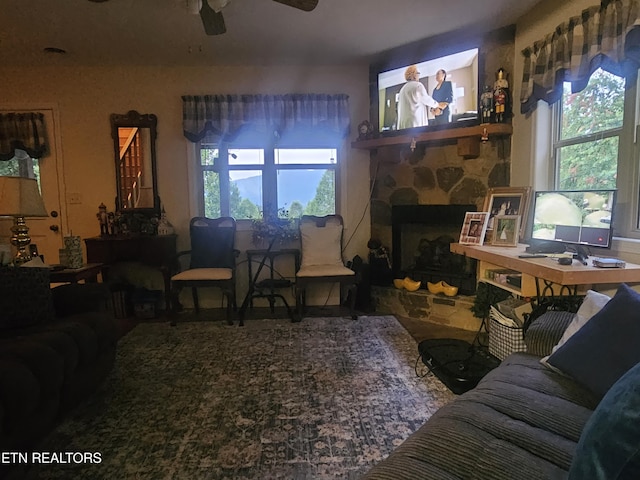 199 Pear Tree Way, Del Rio, TN 37727 - living area with a ceiling fan and a fireplace