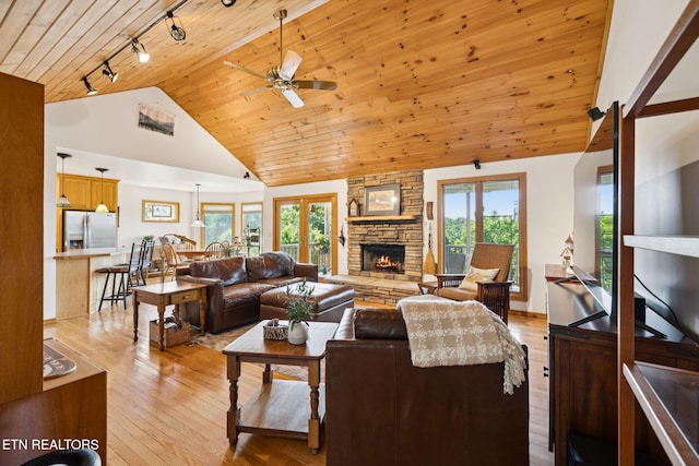 3930 Settlers Trl, Kodak, TN 37764 - living area featuring wooden ceiling, a fireplace, a ceiling fan, light wood-style floors, and track lighting