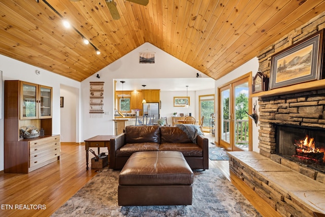 3930 Settlers Trl, Kodak, TN 37764 - living area with lofted ceiling, rail lighting, wood ceiling, light wood finished floors, and a fireplace