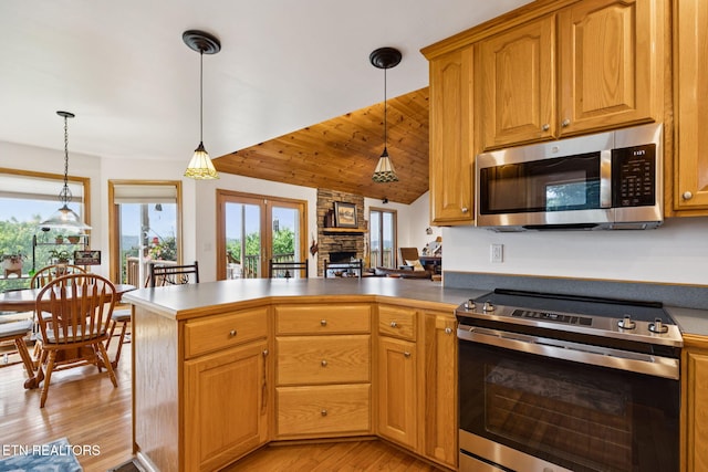 3930 Settlers Trl, Kodak, TN 37764 - kitchen featuring stainless steel appliances, a peninsula, light wood-style flooring, hanging light fixtures, and vaulted ceiling