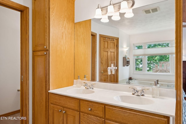3930 Settlers Trl, Kodak, TN 37764 - full bath featuring double vanity, a bath, and a textured ceiling
