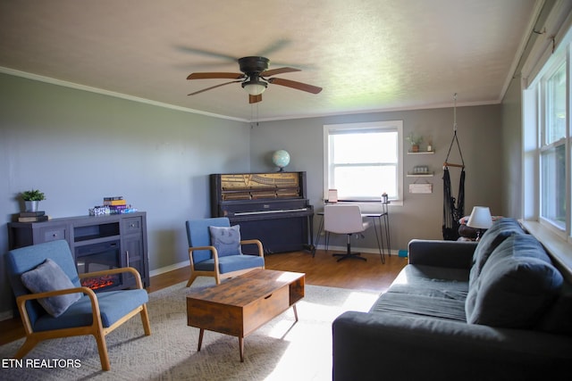 1210 Frank Campbell Rd, Jamestown, TN 38556 - living room with a ceiling fan, plenty of natural light, wood finished floors, and ornamental molding