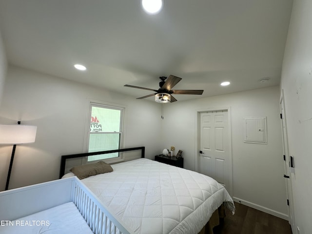 1210 Frank Campbell Rd, Jamestown, TN 38556 - bedroom featuring electric panel, wood finished floors, recessed lighting, ceiling fan, and a closet