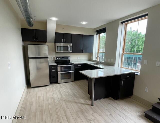 603 W Main St Unit 208, Knoxville, TN 37902 - kitchen with appliances with stainless steel finishes, dark cabinets, a peninsula, light wood finished floors, and light stone counters