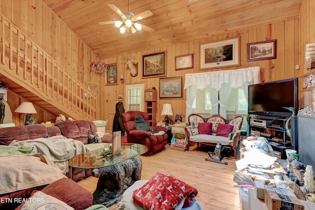 3255 Bear Mountain Ln, Sevierville, TN 37876 - living area featuring wood finished floors, wooden walls, ceiling fan, vaulted ceiling, and wood ceiling