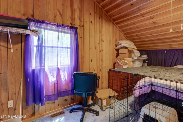 3255 Bear Mountain Ln, Sevierville, TN 37876 - misc room featuring wood walls, wooden ceiling, lofted ceiling, a desk, and carpet floors