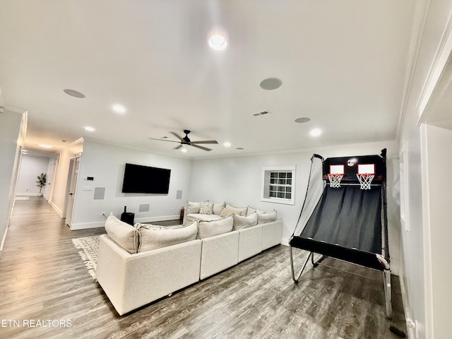 3402 Lillie Blvd, Sevierville, TN 37876 - living area with crown molding, a ceiling fan, recessed lighting, and wood finished floors