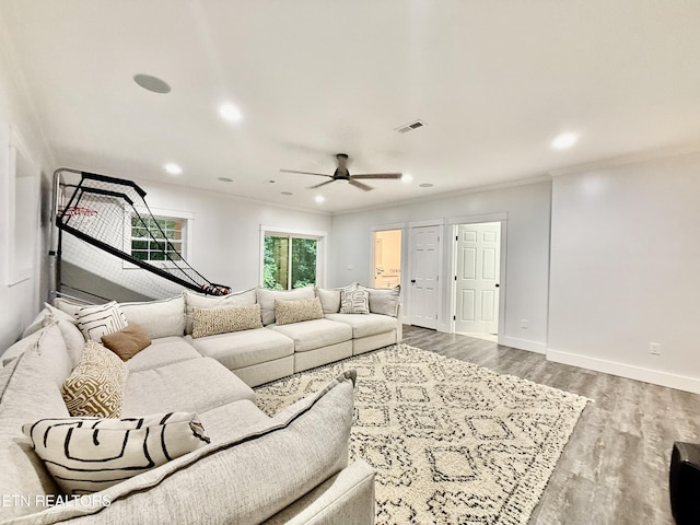 3402 Lillie Blvd, Sevierville, TN 37876 - living area featuring ornamental molding, a ceiling fan, wood finished floors, and recessed lighting