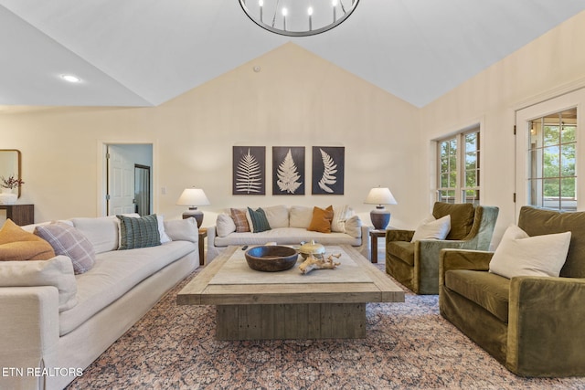 200 Stony Rock Ln, Jacksboro, TN 37757 - living area with a chandelier, high vaulted ceiling, and recessed lighting